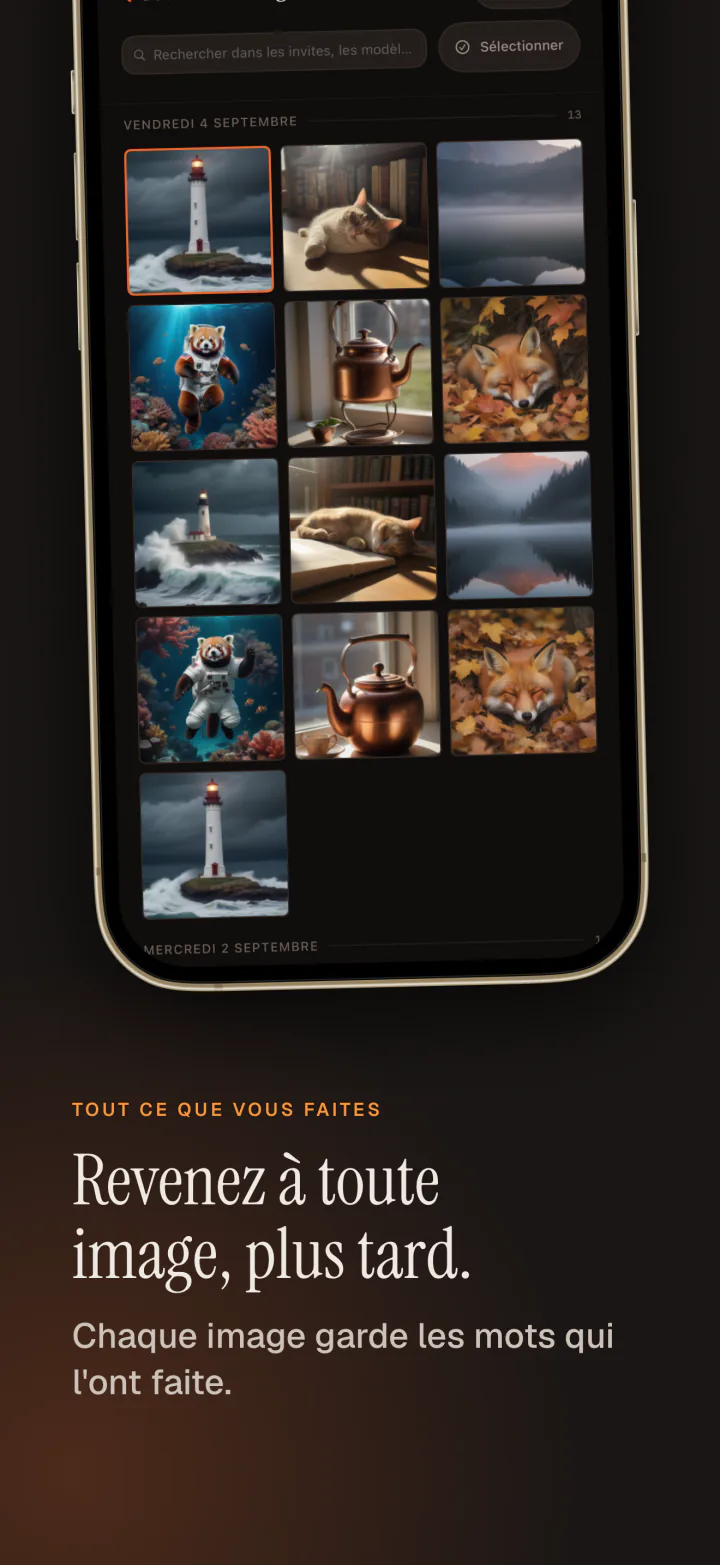La galerie de Kiln sur iPhone avec toutes les images générées