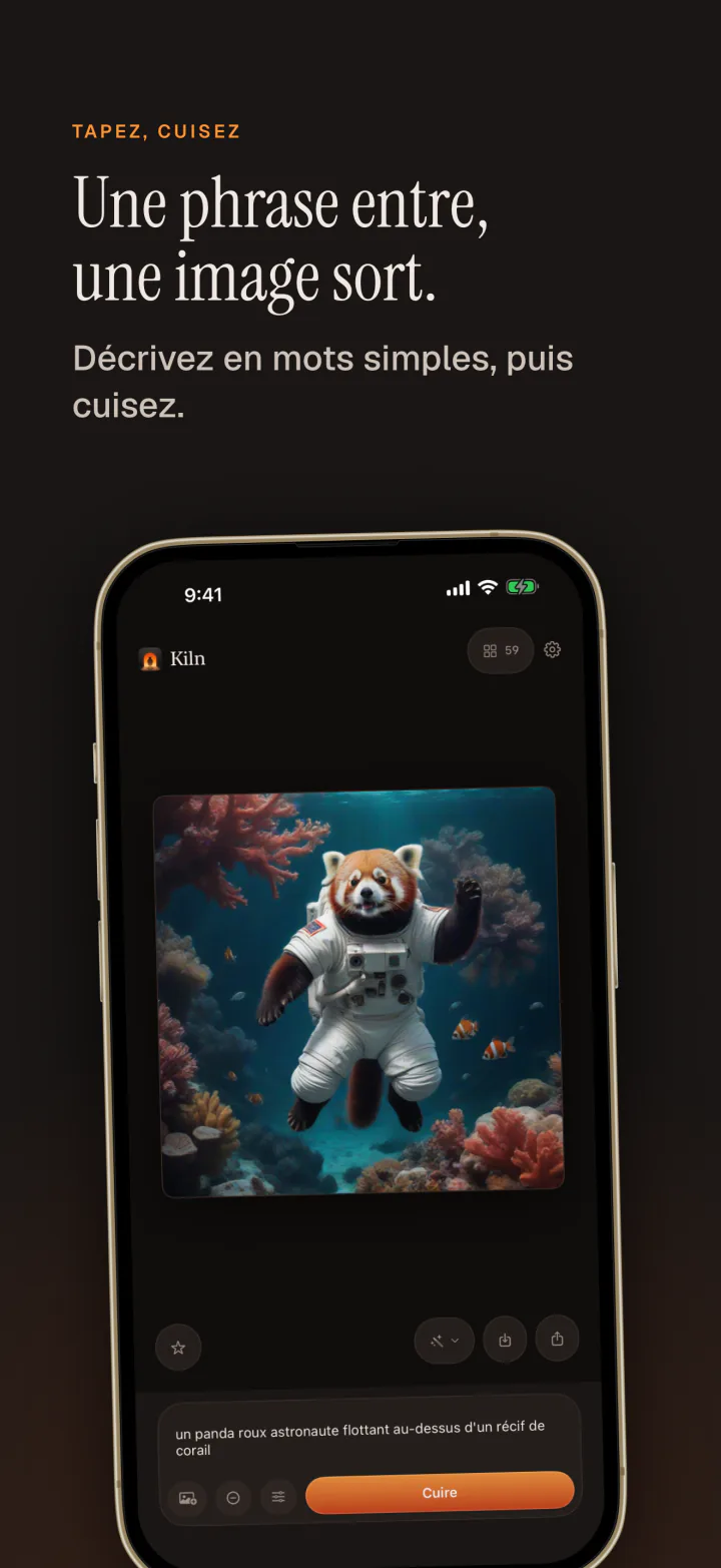 Kiln sur iPhone : une phrase entre, une image sort, ici un panda roux astronaute