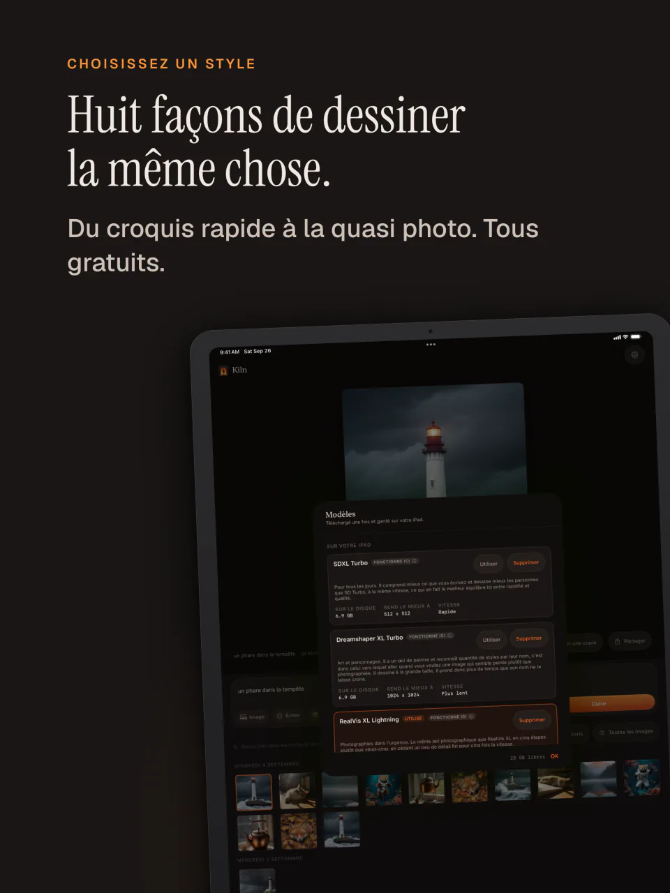 La liste des modèles de Kiln sur iPad avec huit modèles gratuits