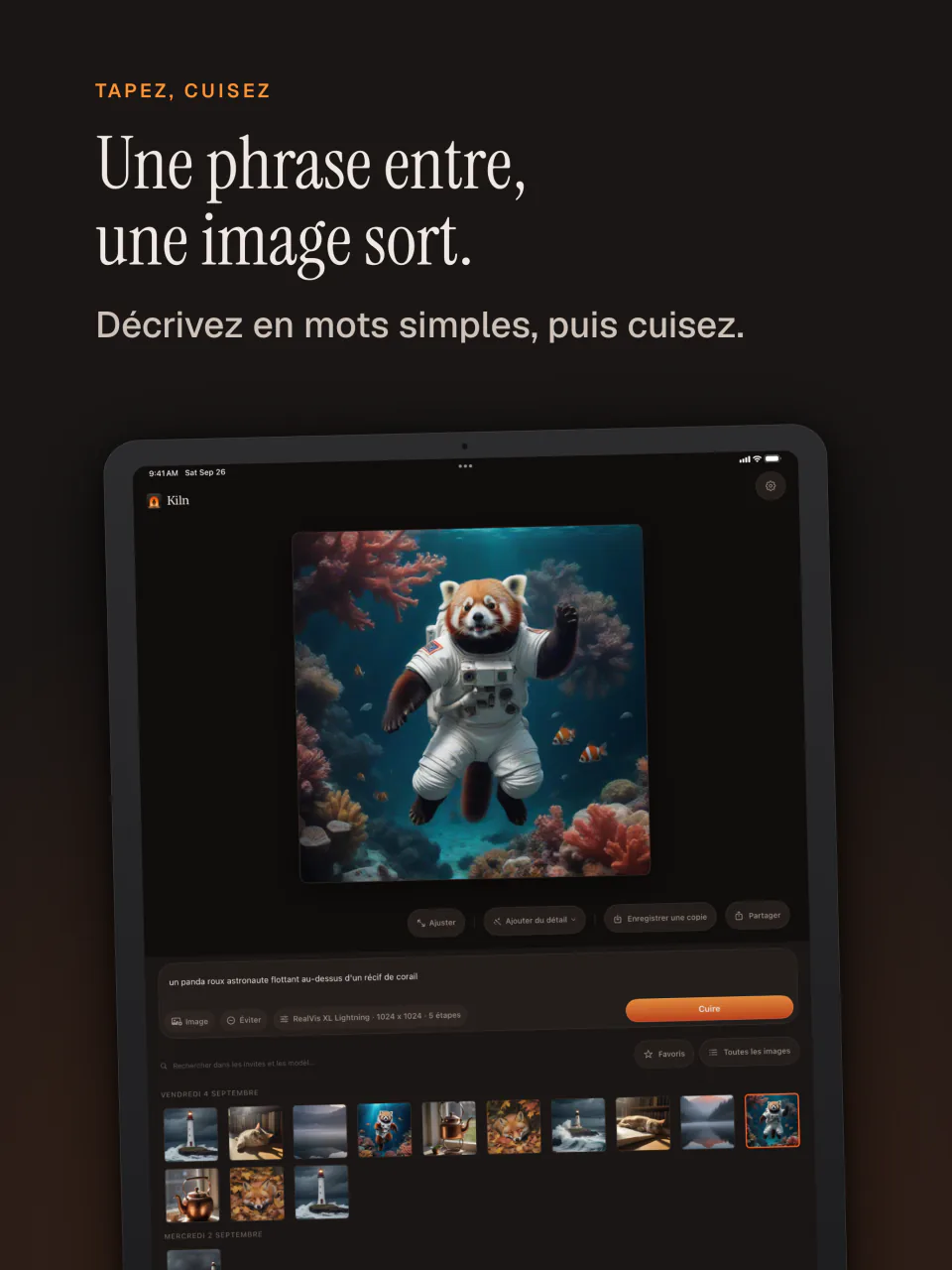 Kiln sur iPad : une phrase entre, une image sort, ici un panda roux astronaute