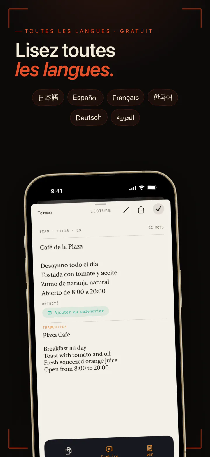 LiveScan lit le menu d’un café espagnol, avec le japonais, l’espagnol, le français, le coréen, l’allemand et l’arabe parmi ses langues