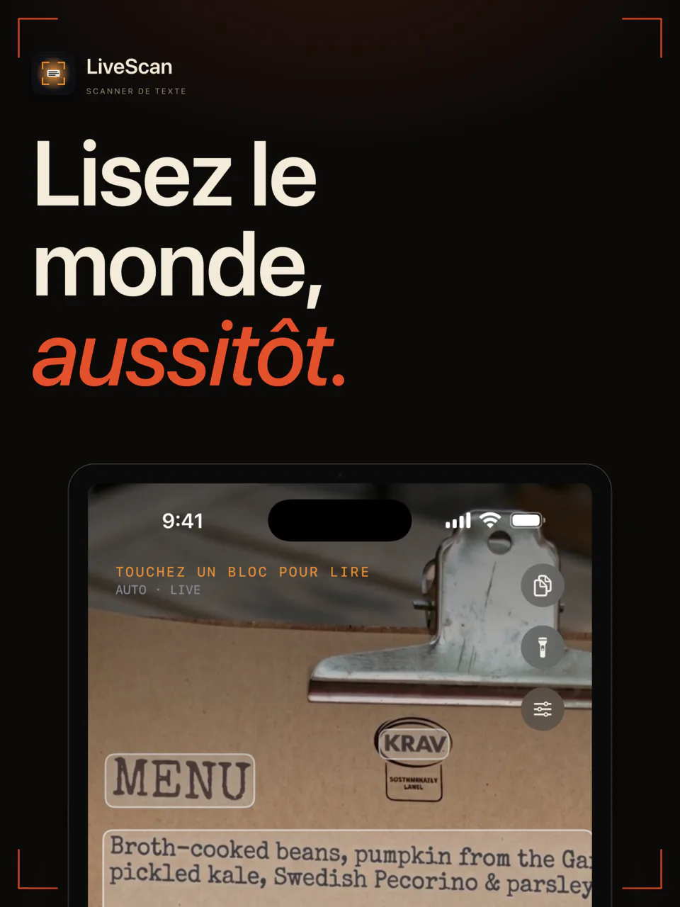 LiveScan sur iPad lit en direct le texte d’un menu de restaurant imprimé dans le viseur