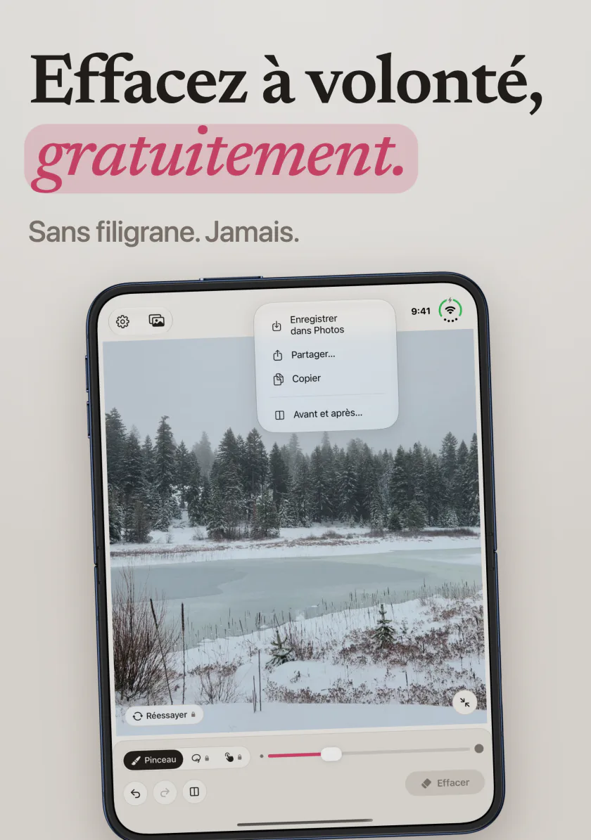 Mend sur iPhone Duo avec un lac enneigé sans filigrane, et le menu Enregistrer dans Photos, Partager et Avant et après