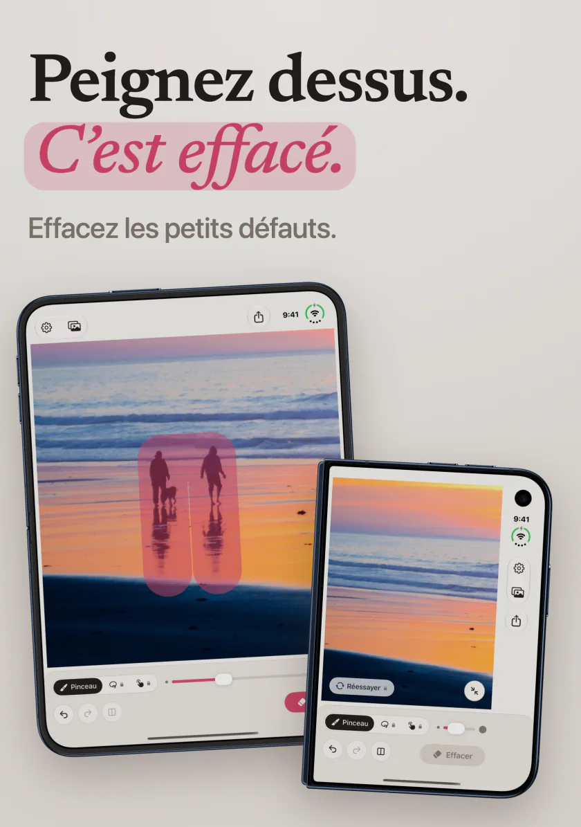 Mend sur iPhone Duo avec deux personnes peintes en rose sur une plage au coucher du soleil, et la même plage sans elles
