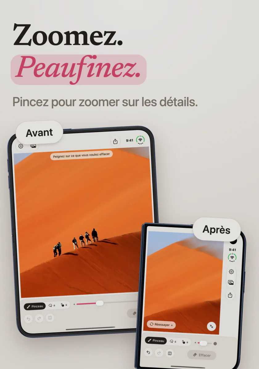 Une photo de randonneurs sur une dune orange, avant et après leur effacement par Mend sur iPhone Duo
