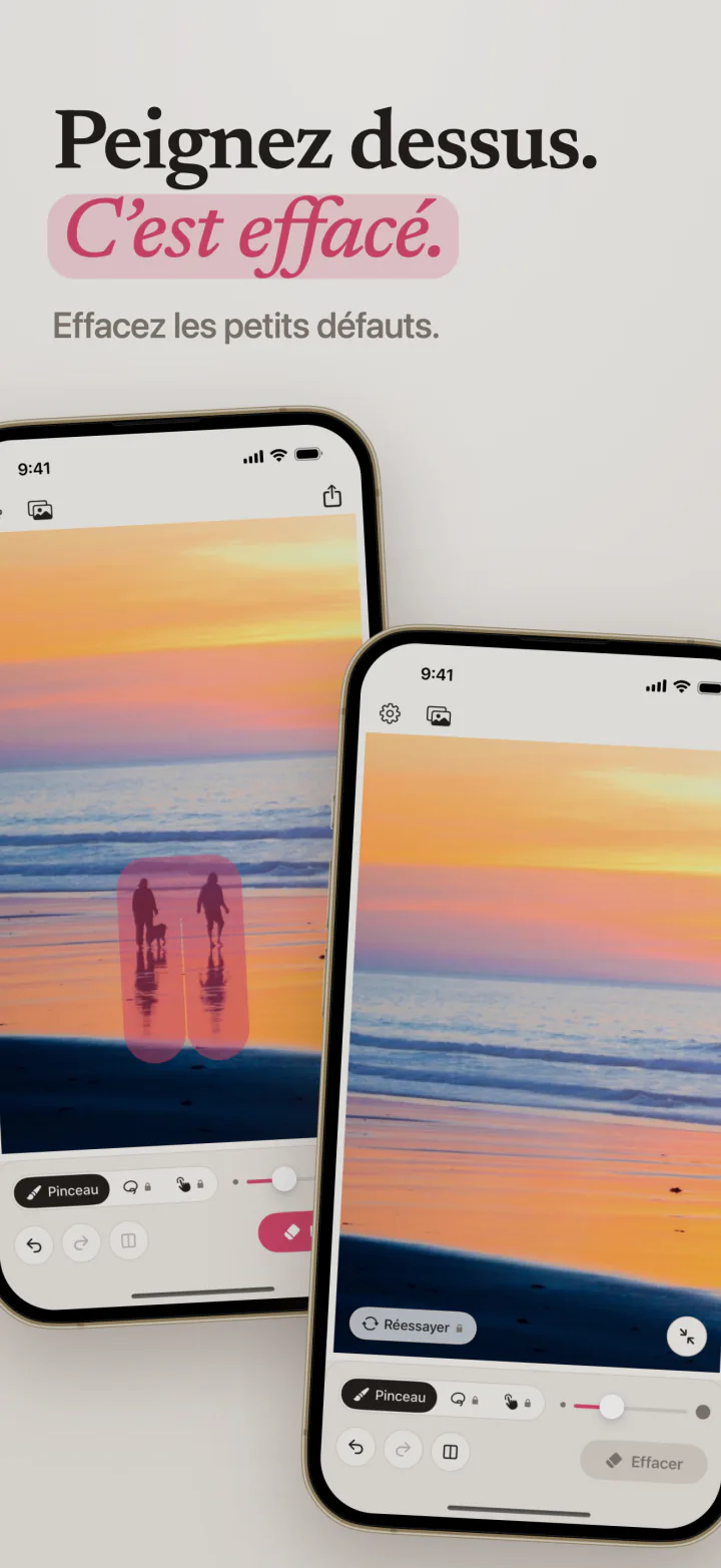 Mend sur iPhone avec deux personnes peintes en rose sur une plage au coucher du soleil, et la même plage sans elles