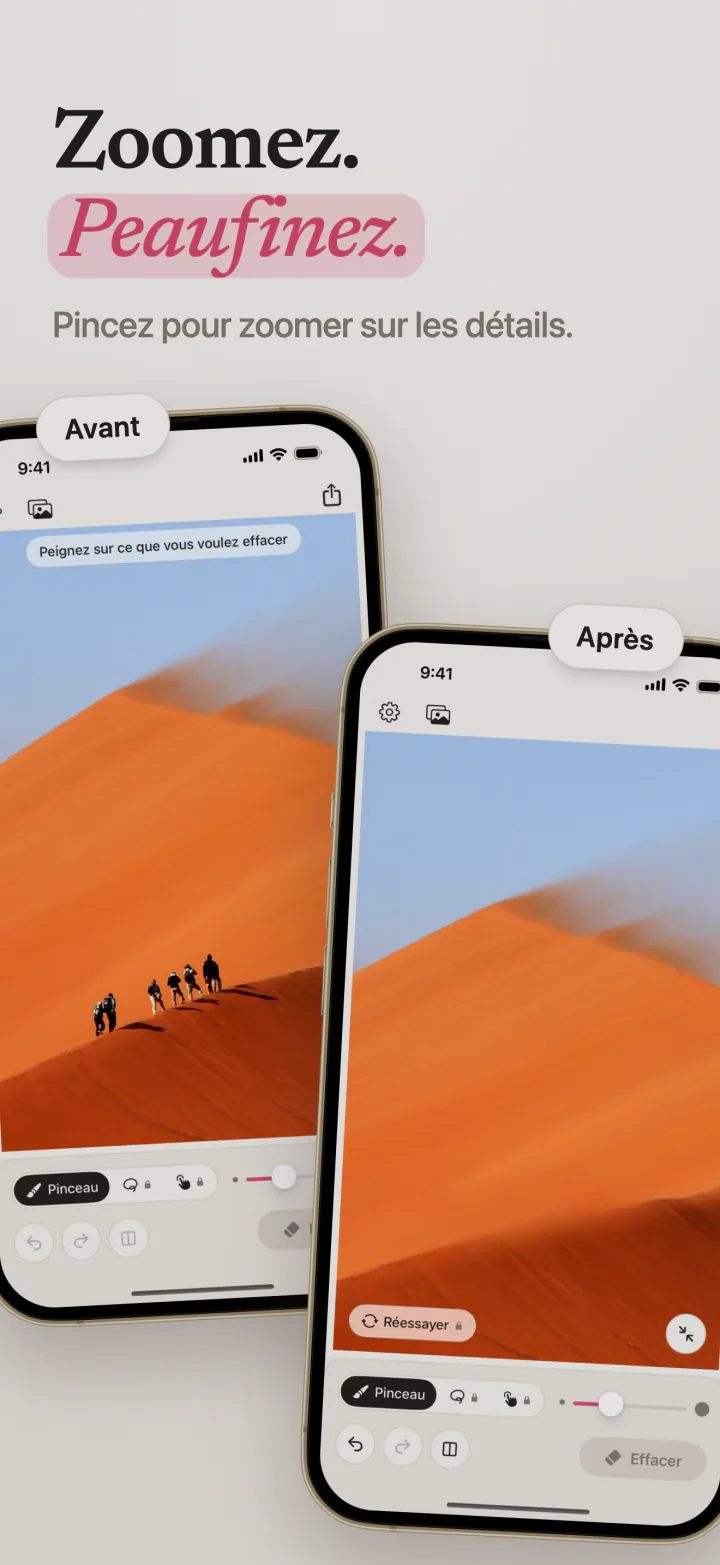 Une photo de randonneurs sur une dune orange, avant et après leur effacement par Mend sur iPhone