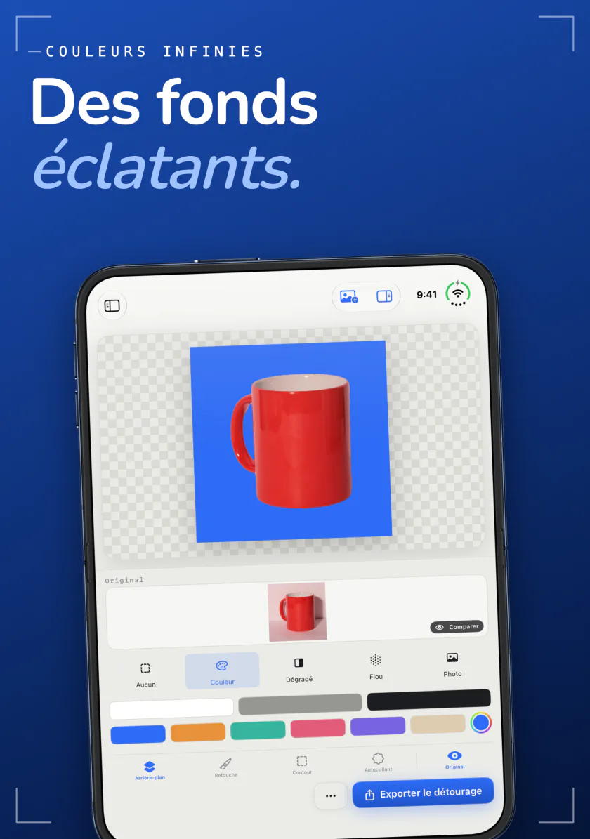 Sweep sur iPhone plaçant une tasse rouge sur un fond bleu uni, avec une rangée de pastilles de couleur