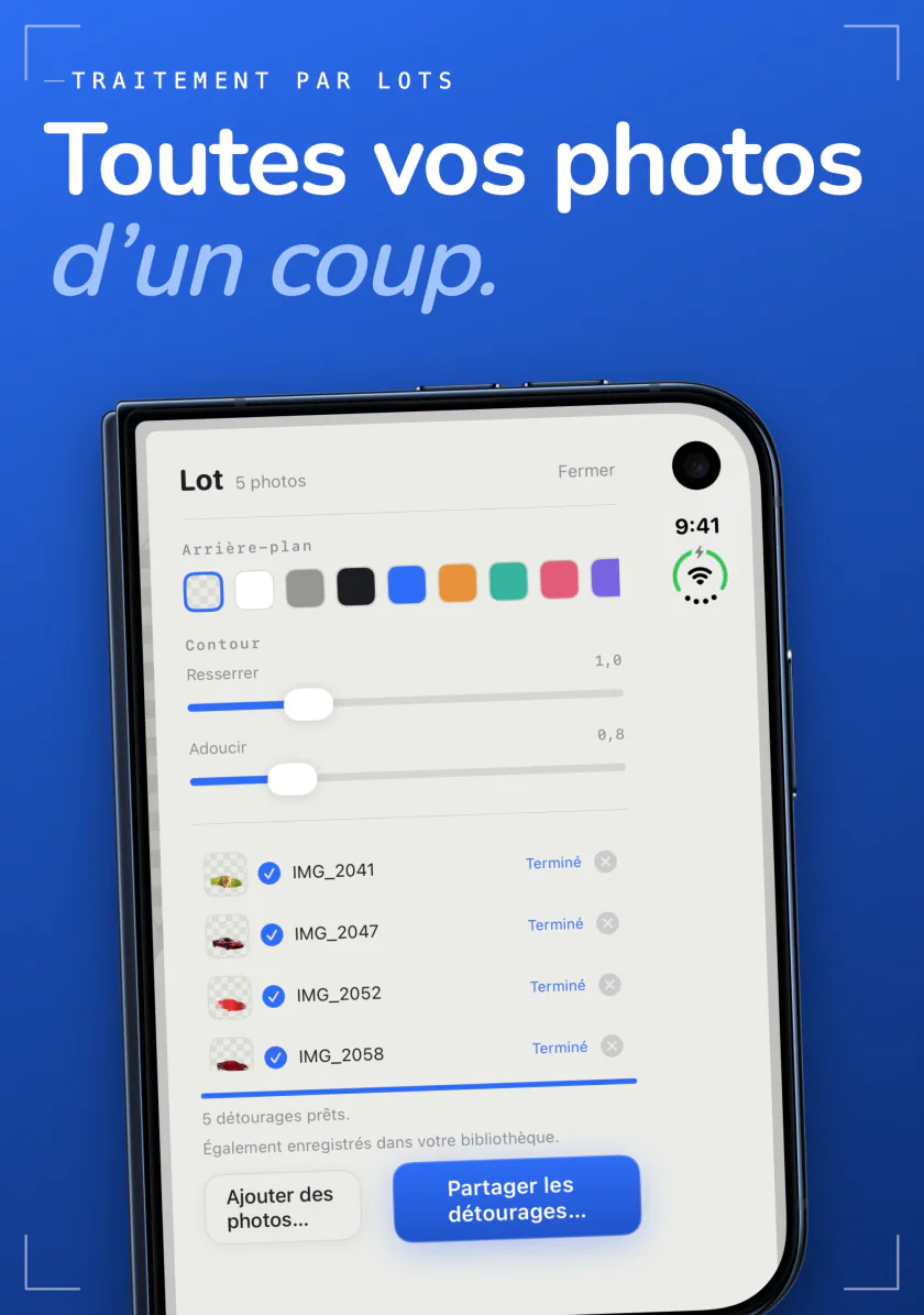Le traitement par lot de Sweep sur iPhone avec cinq photos détourées en une seule fois