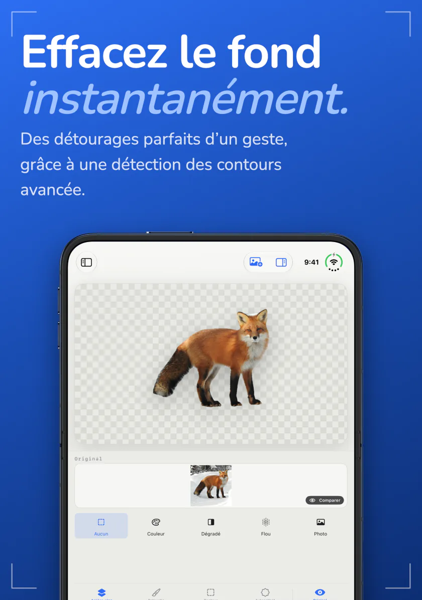 Sweep sur iPhone affichant un renard détouré de sa photo sur un fond transparent