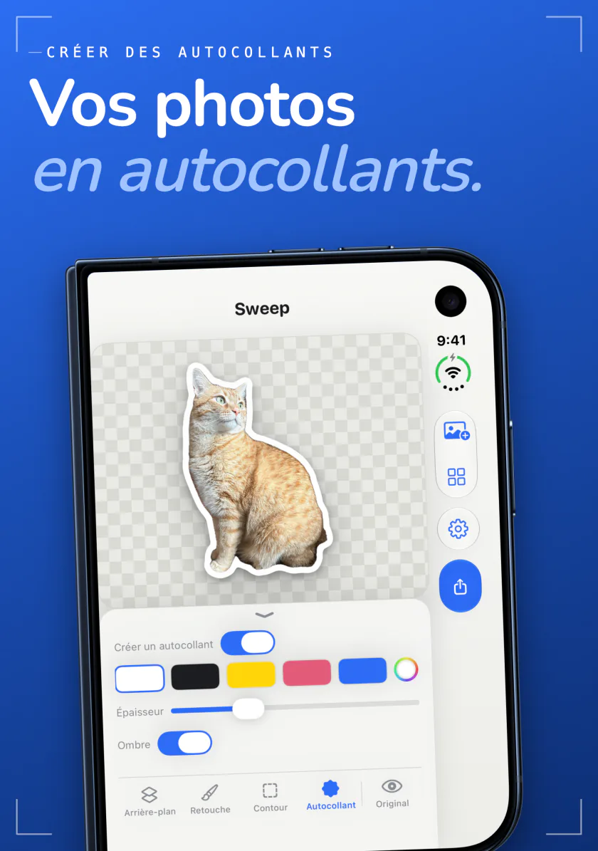 La création d’autocollants de Sweep sur iPhone transformant un chat en autocollant au contour blanc