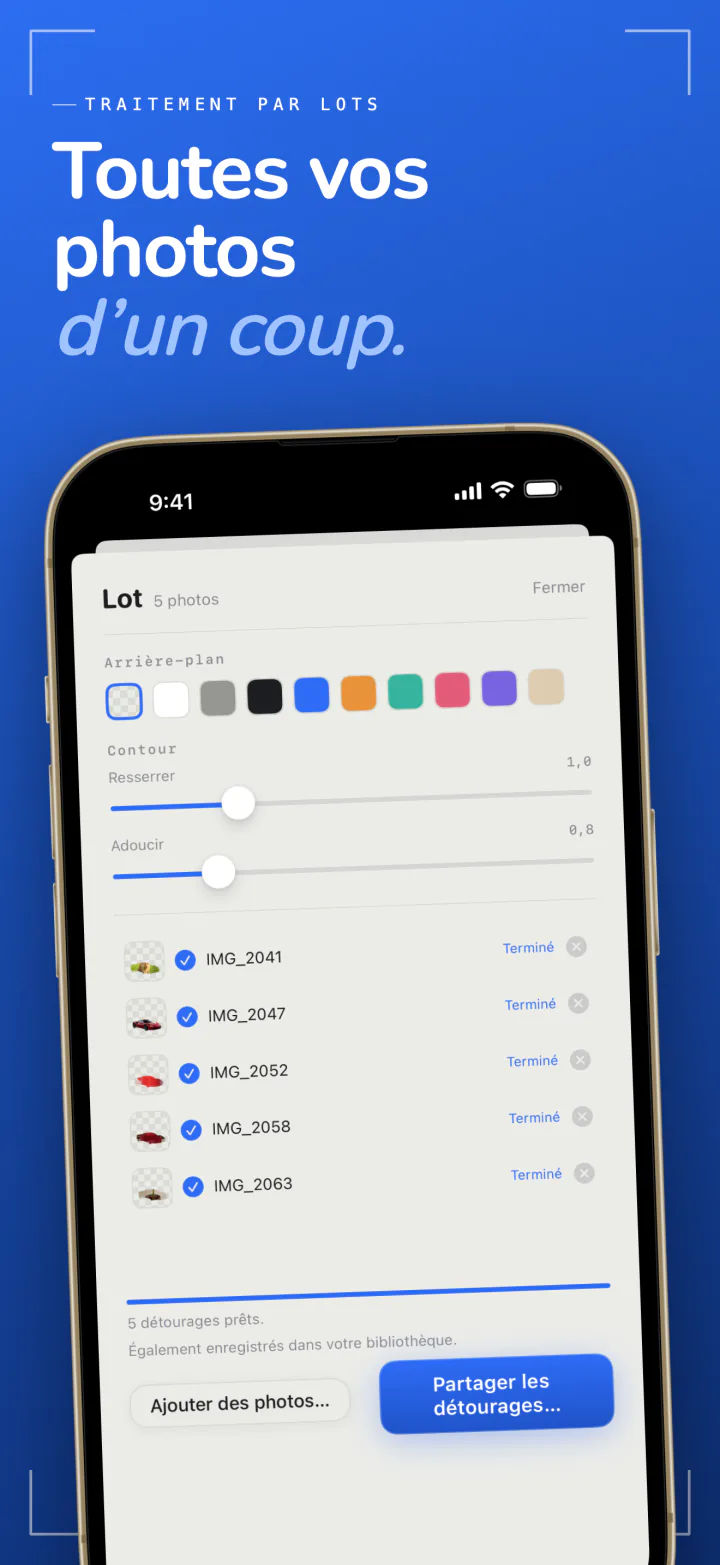 Le traitement par lot de Sweep sur iPhone avec cinq photos détourées en une seule fois