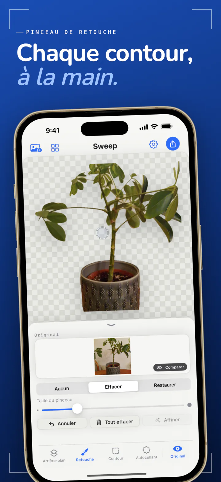 Le pinceau de retouche de Sweep sur iPhone avec les modes Effacer et Restaurer, nettoyant le bord d’une plante en pot
