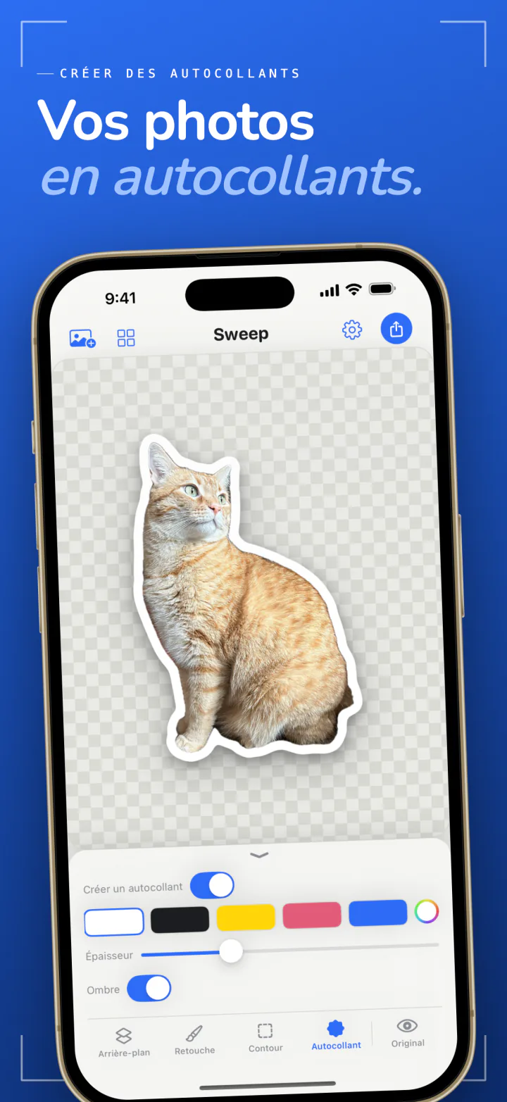 La création d’autocollants de Sweep sur iPhone transformant un chat en autocollant au contour blanc