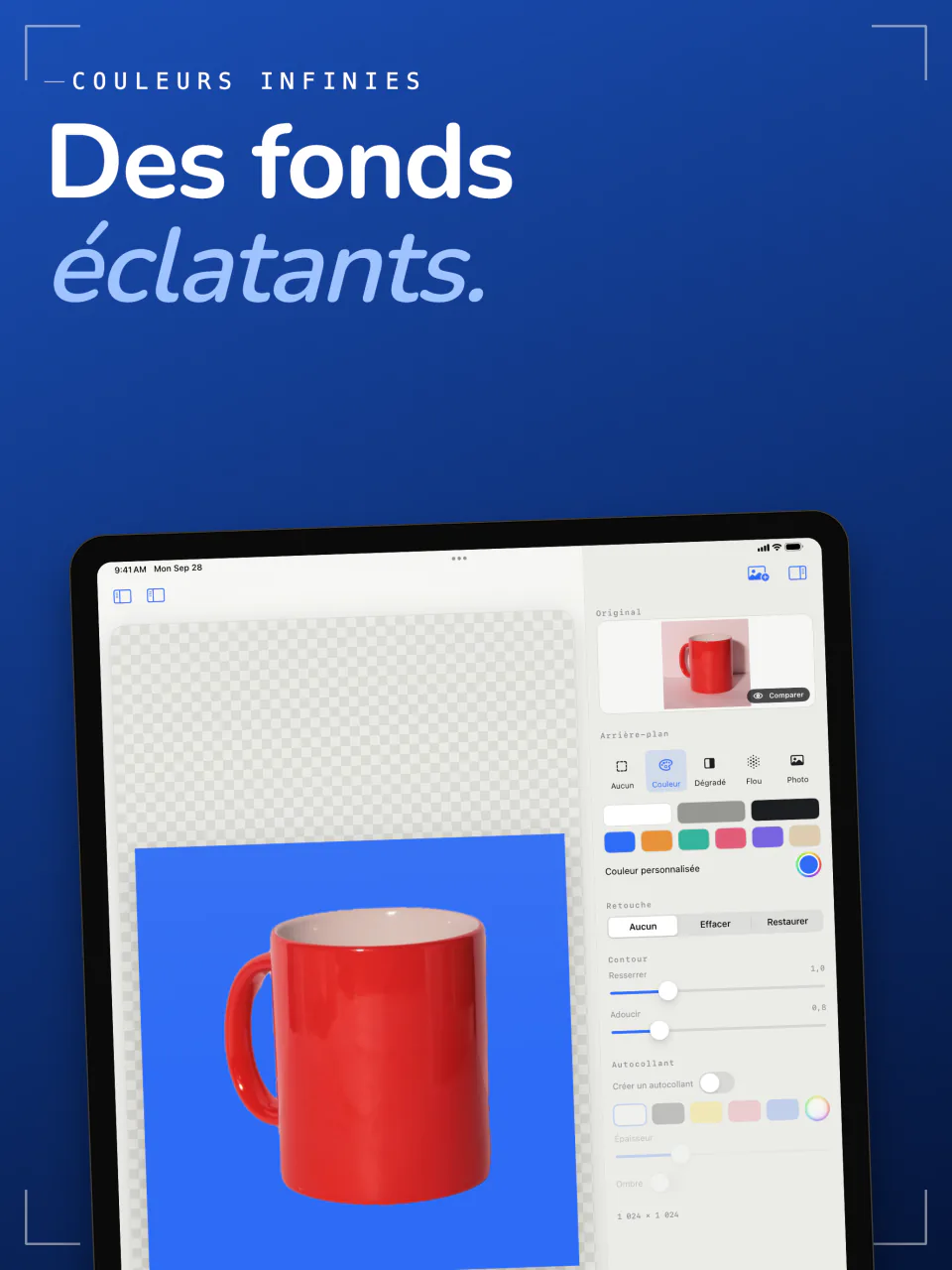 Sweep sur iPad plaçant une tasse rouge sur un fond bleu uni, avec une rangée de pastilles de couleur