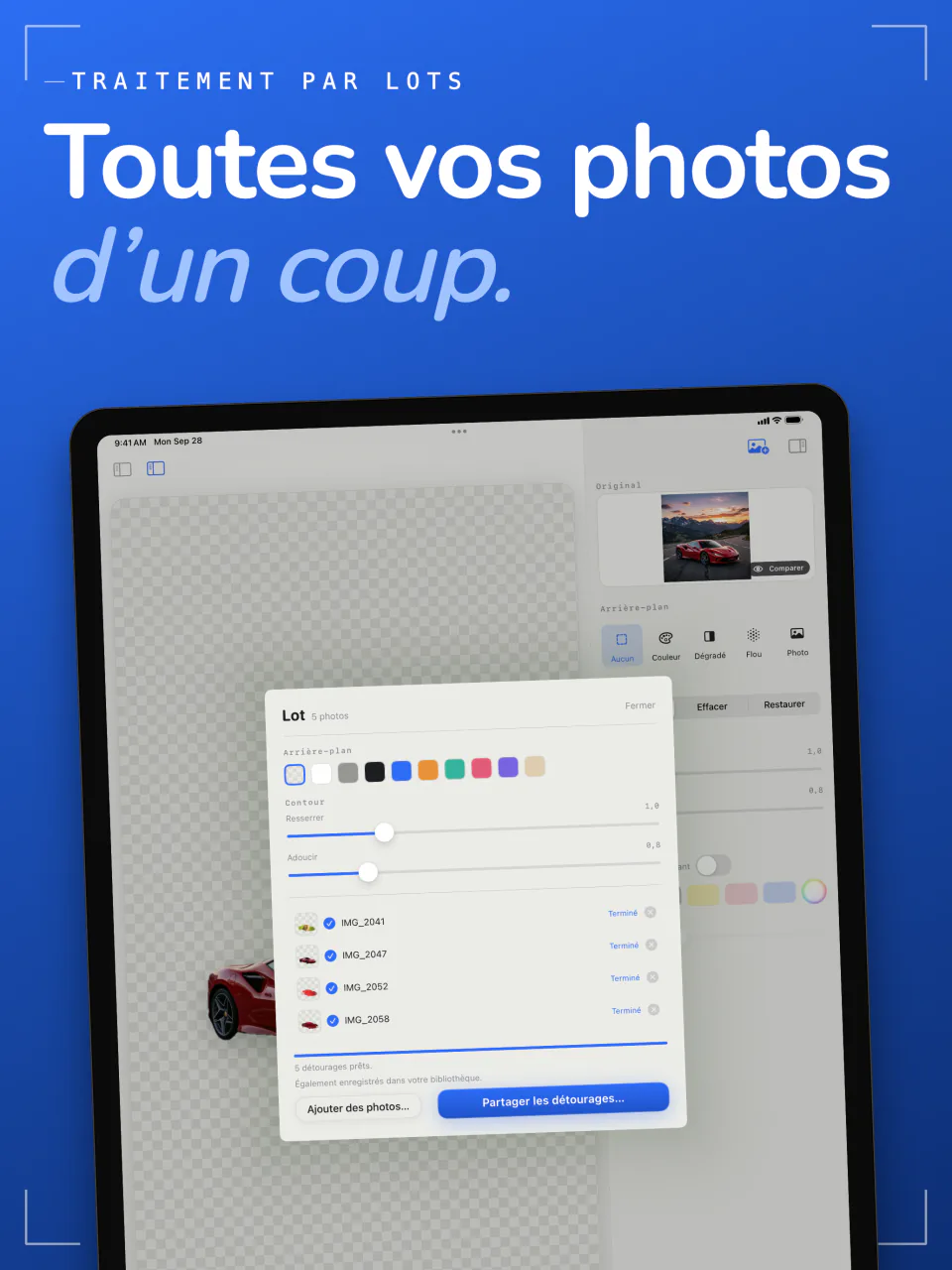 Le traitement par lot de Sweep sur iPad avec cinq photos détourées en une seule fois