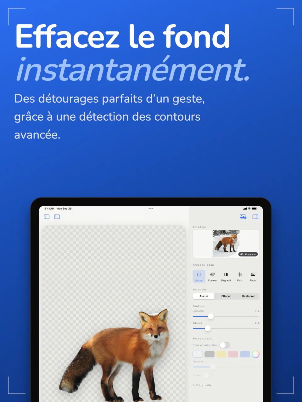 Sweep sur iPad affichant un renard détouré de sa photo sur un fond transparent