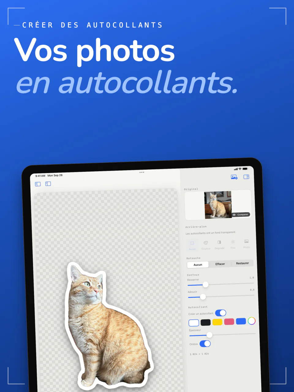 La création d’autocollants de Sweep sur iPad transformant un chat en autocollant au contour blanc