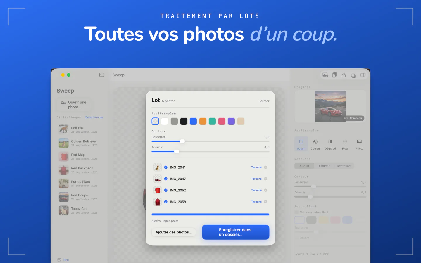 Le traitement par lot de Sweep sur Mac avec cinq photos détourées et un bouton pour enregistrer dans un dossier