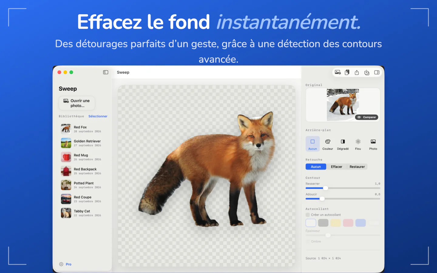 Sweep sur Mac affichant un renard détouré sur un fond transparent, avec la bibliothèque à gauche et les réglages à droite