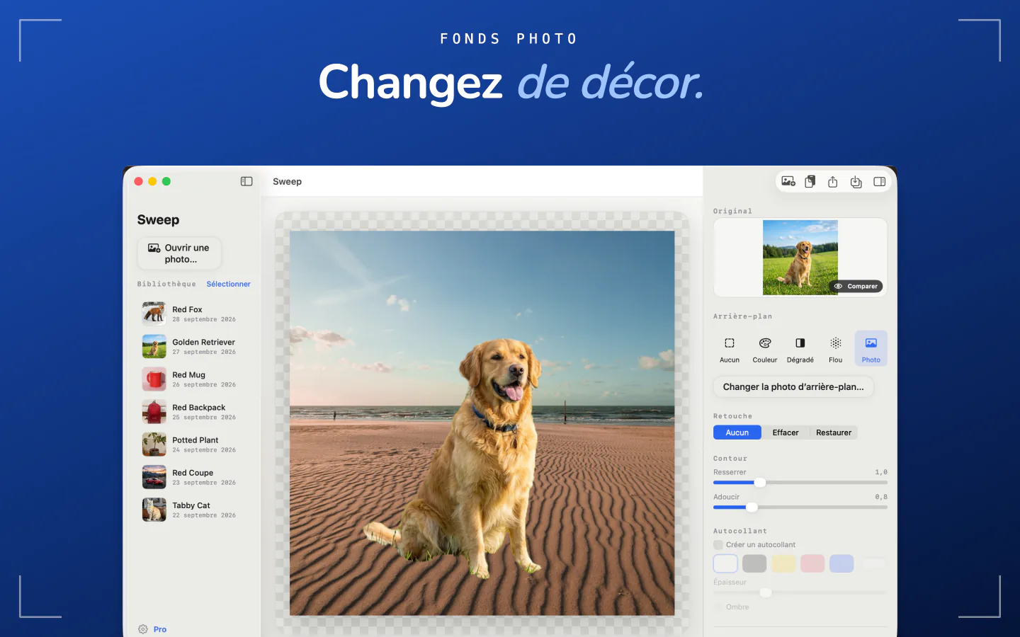 Sweep sur Mac plaçant le détourage d’un chien sur une photo de plage