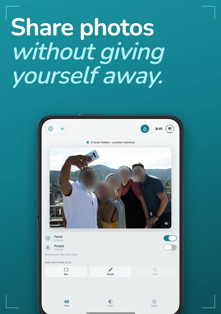 Frost on iPhone Duo showing a group selfie with the faces blurred and the location removed