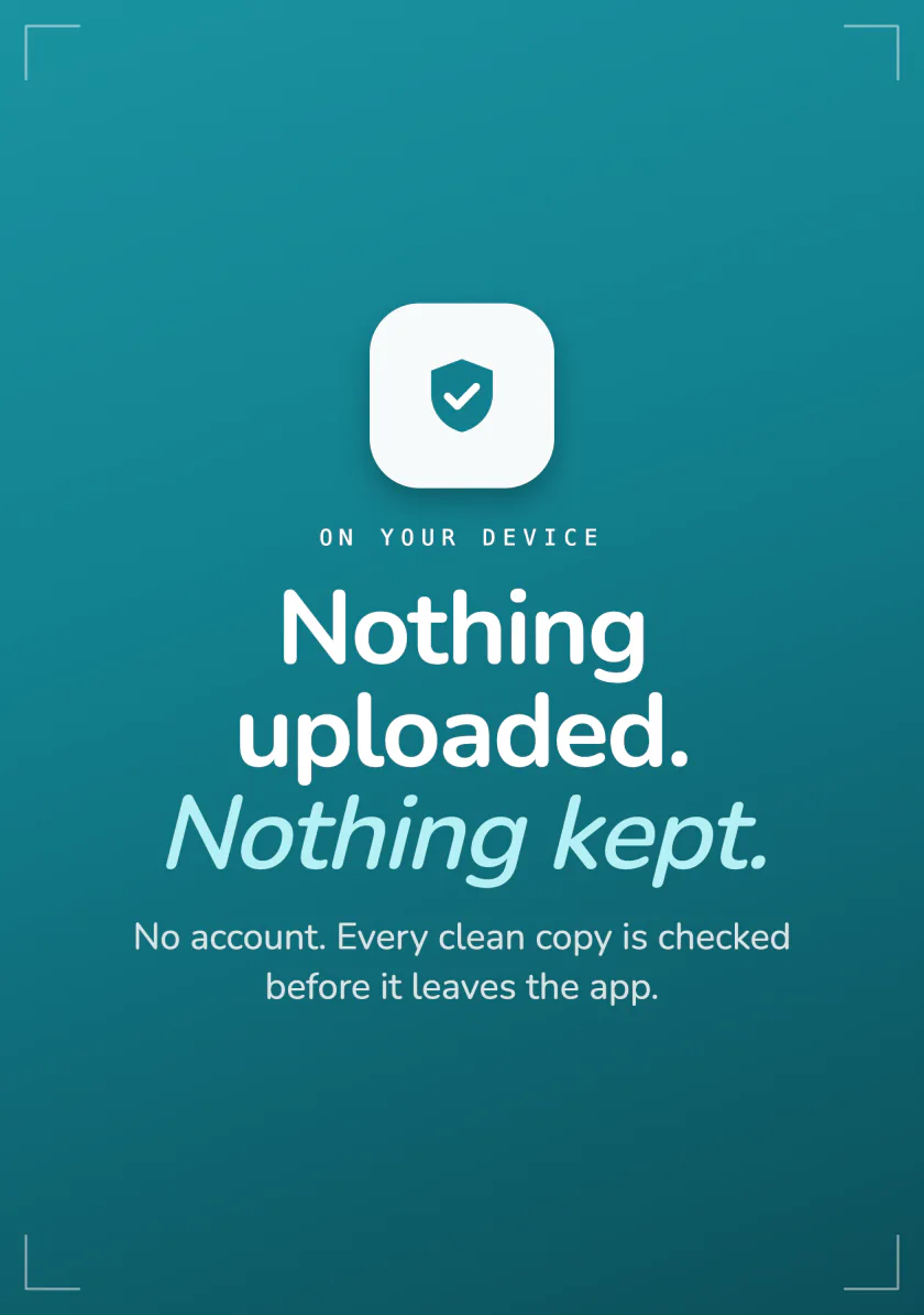 Frost privacy summary: nothing uploaded, nothing kept, no account, and every clean copy is checked