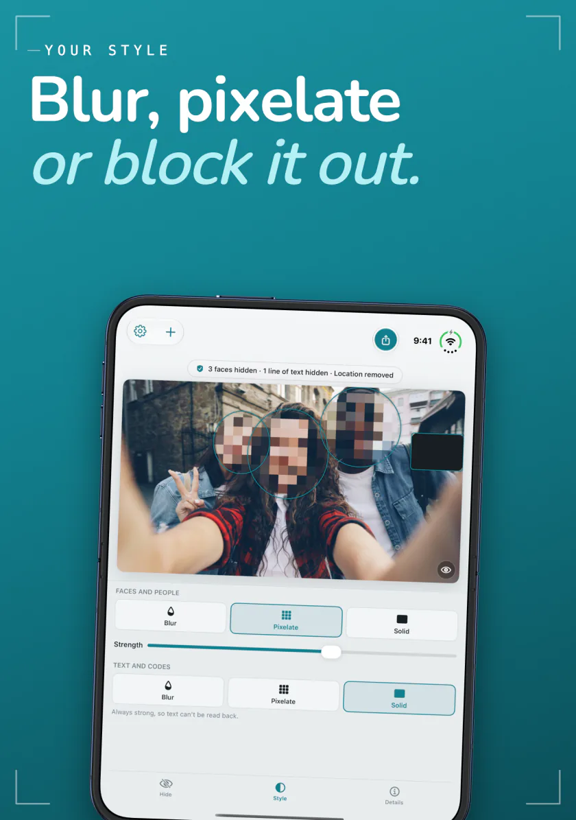 Frost on iPhone Duo pixelating the faces in a selfie, with Blur, Pixelate, and Solid options