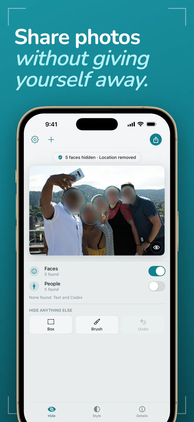 Frost on iPhone showing a group photo with the faces blurred and the location removed