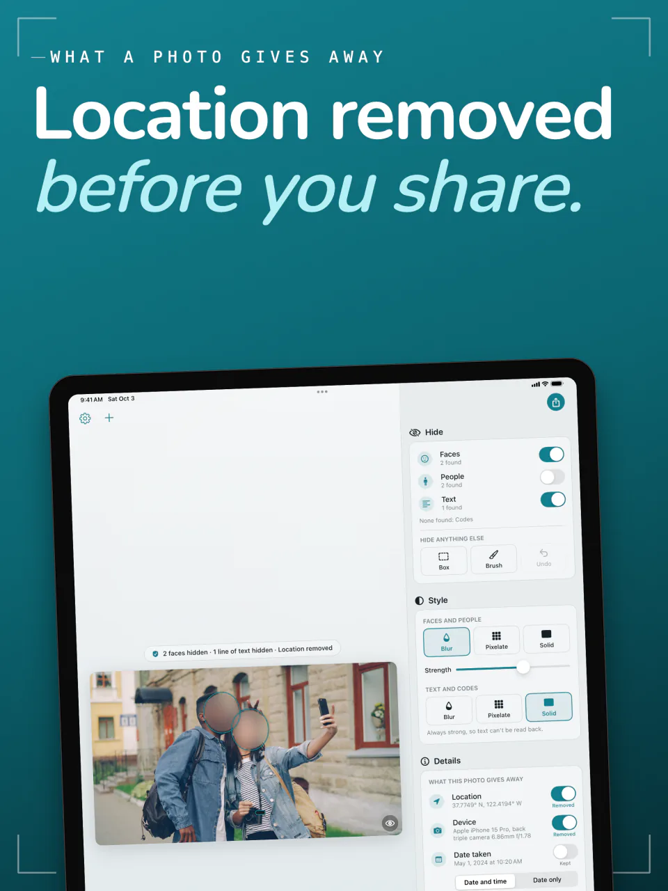 Frost on iPad with the location, device, and date stored in a photo, each with a switch to remove it
