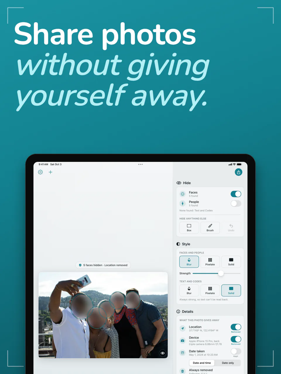 Frost on iPad showing a group selfie with the faces blurred, next to the Hide, Style, and Details panels