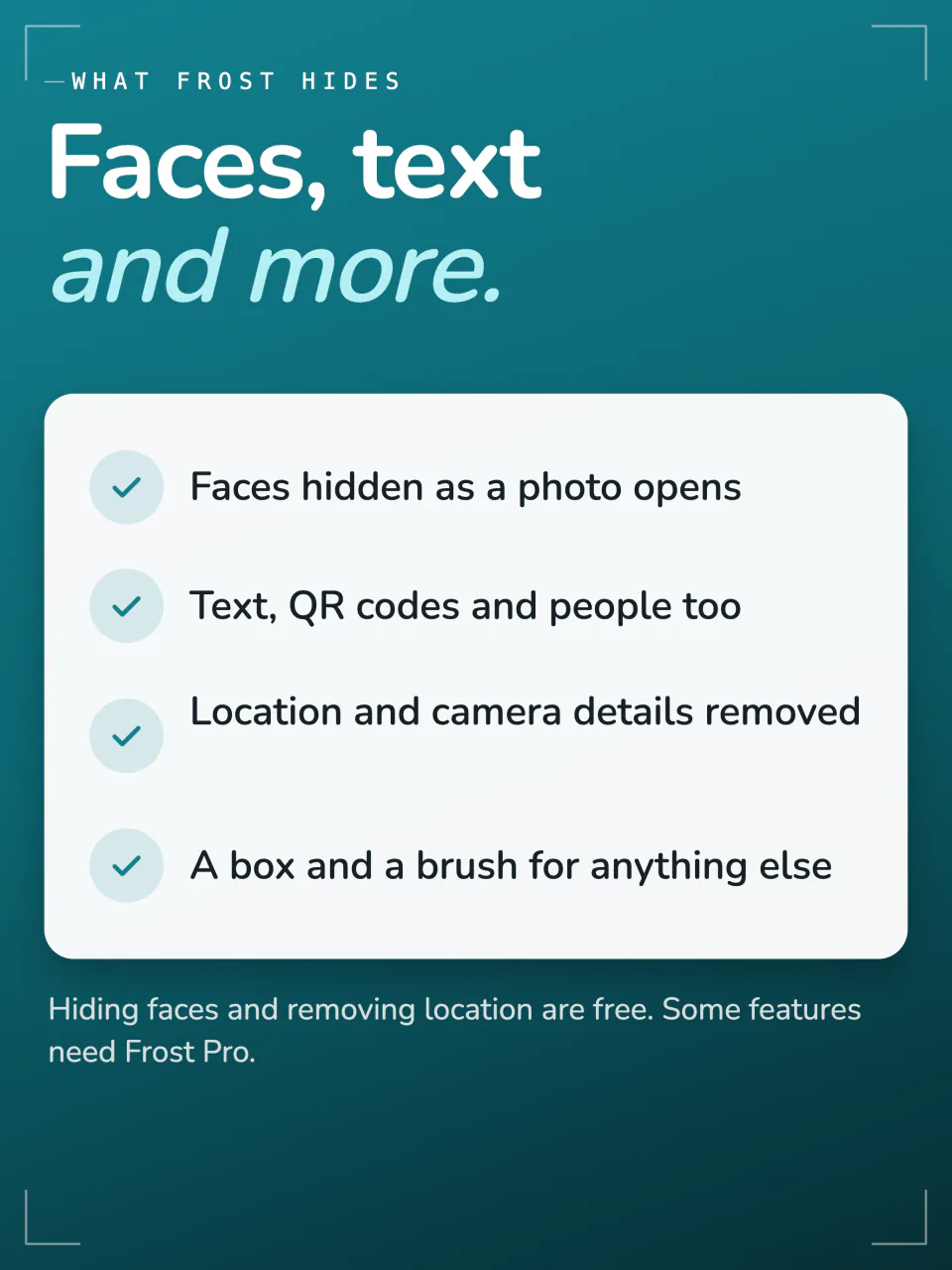 What Frost hides: faces as a photo opens, text, QR codes and people, location and camera details, with a box and a brush for anything else