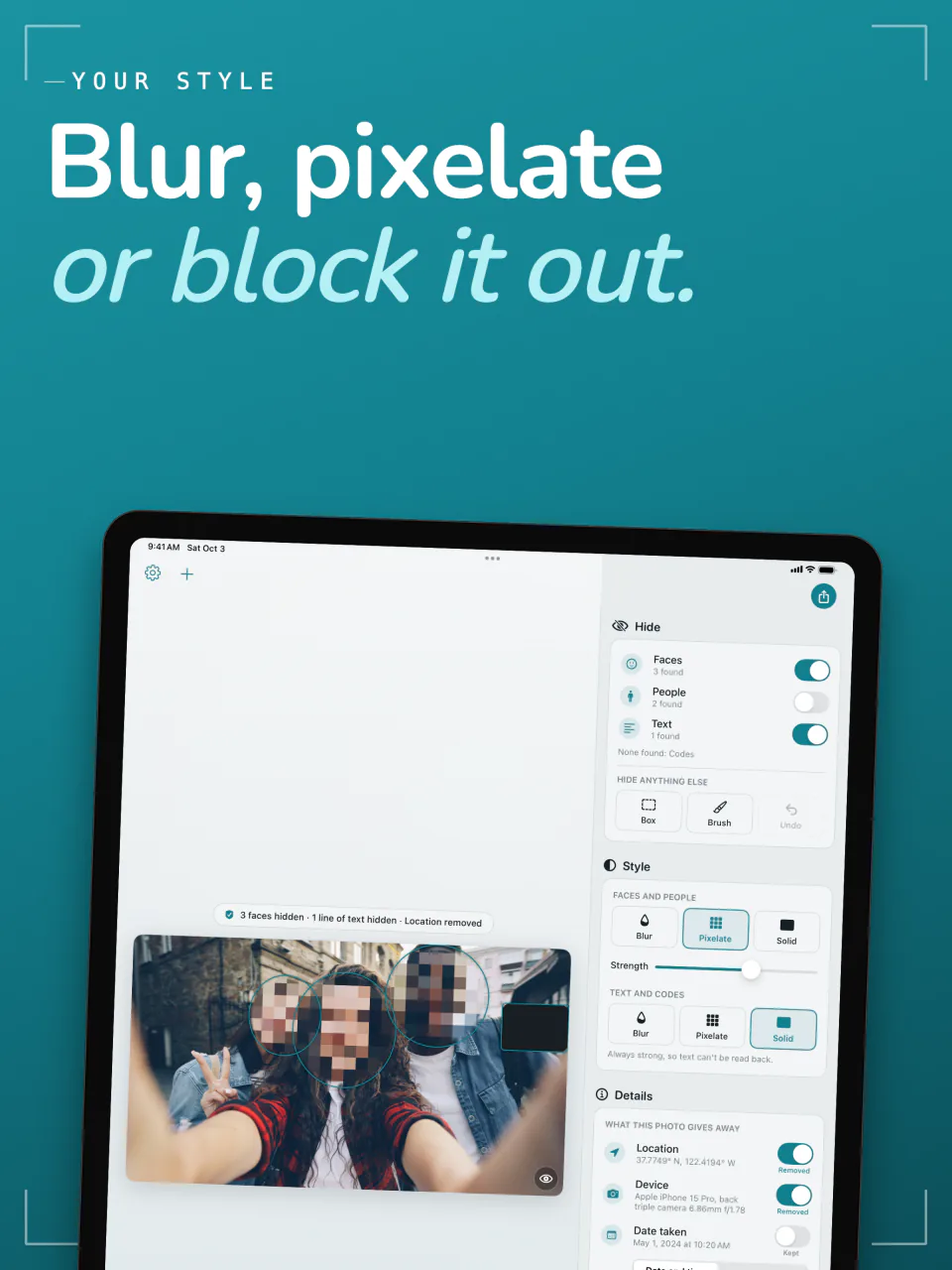 Frost on iPad pixelating the faces in a selfie, with Blur, Pixelate, and Solid options