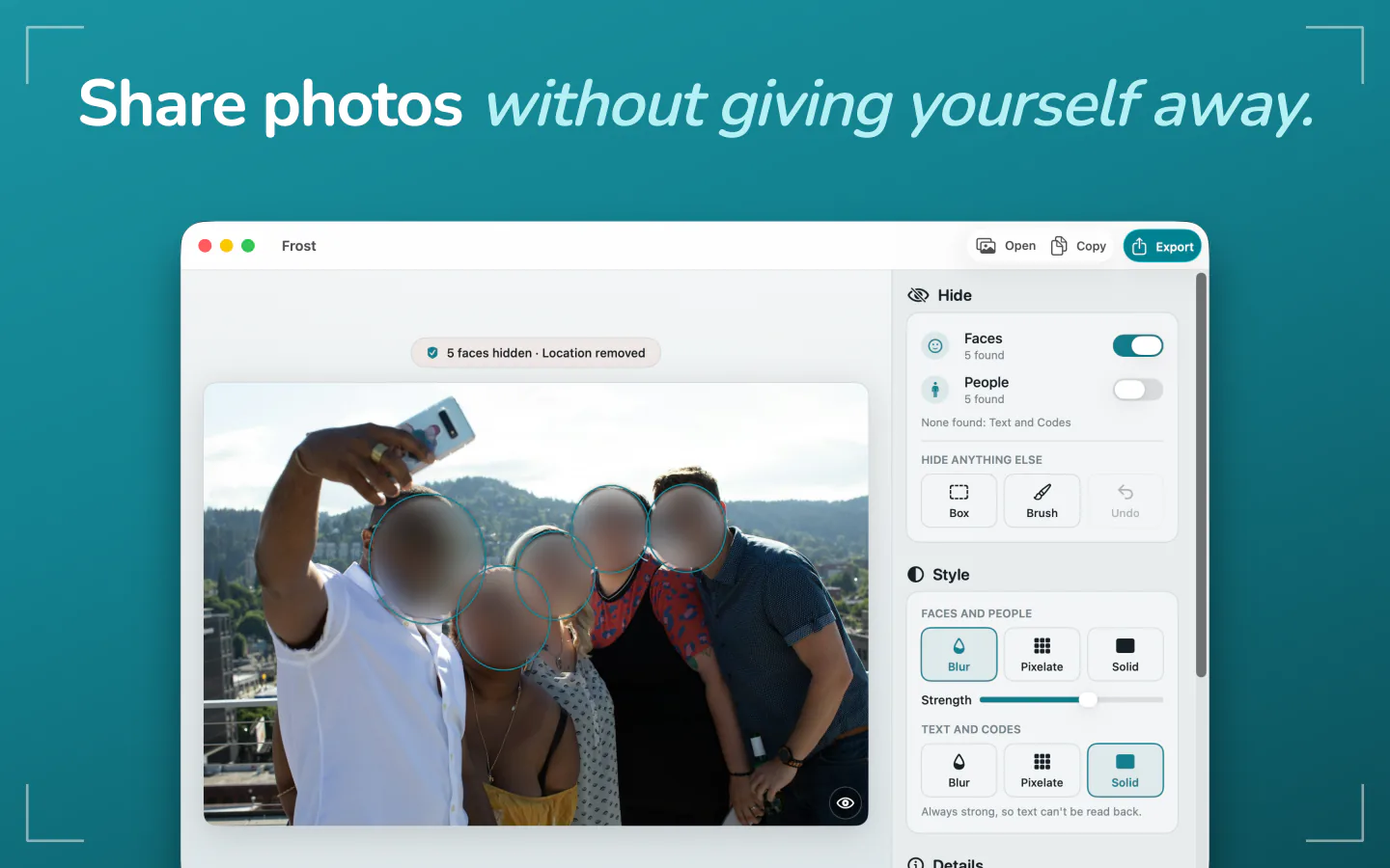 Frost on Mac showing a group photo with the faces blurred and the location removed