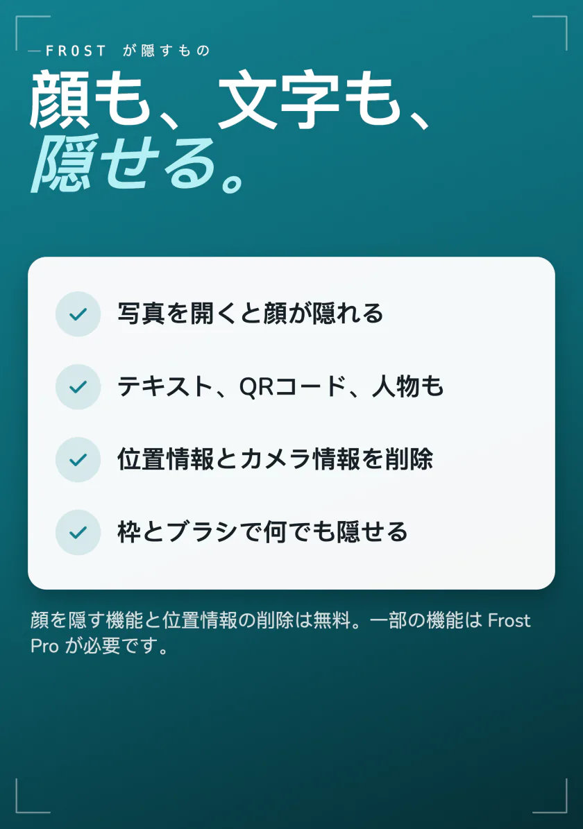 Frostが隠すもの：開いたときの顔、テキスト、QRコード、人物、位置情報とカメラの情報、そのほかのためのボックスとブラシ