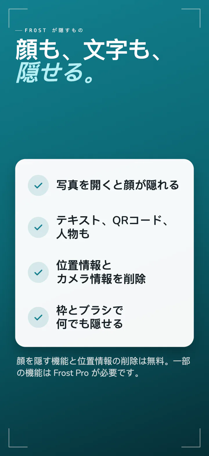 Frostが隠すもの：開いたときの顔、テキスト、QRコード、人物、位置情報とカメラの情報、そのほかのためのボックスとブラシ