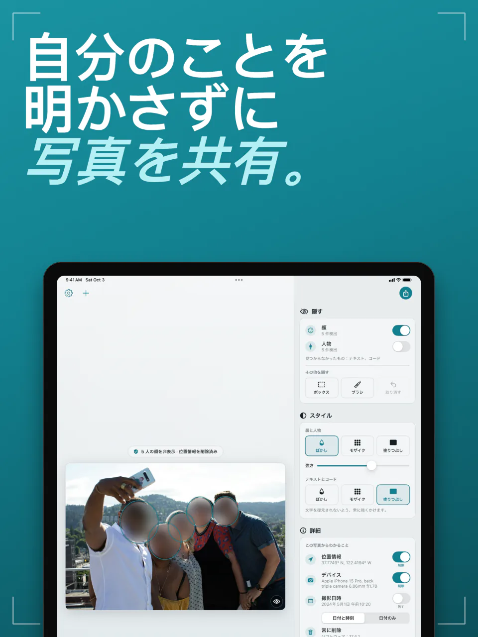 iPadのFrost：顔がぼかされたグループの自撮り写真と、隠す、スタイル、詳細のパネル