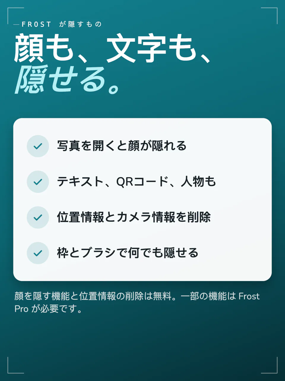 Frostが隠すもの：開いたときの顔、テキスト、QRコード、人物、位置情報とカメラの情報、そのほかのためのボックスとブラシ