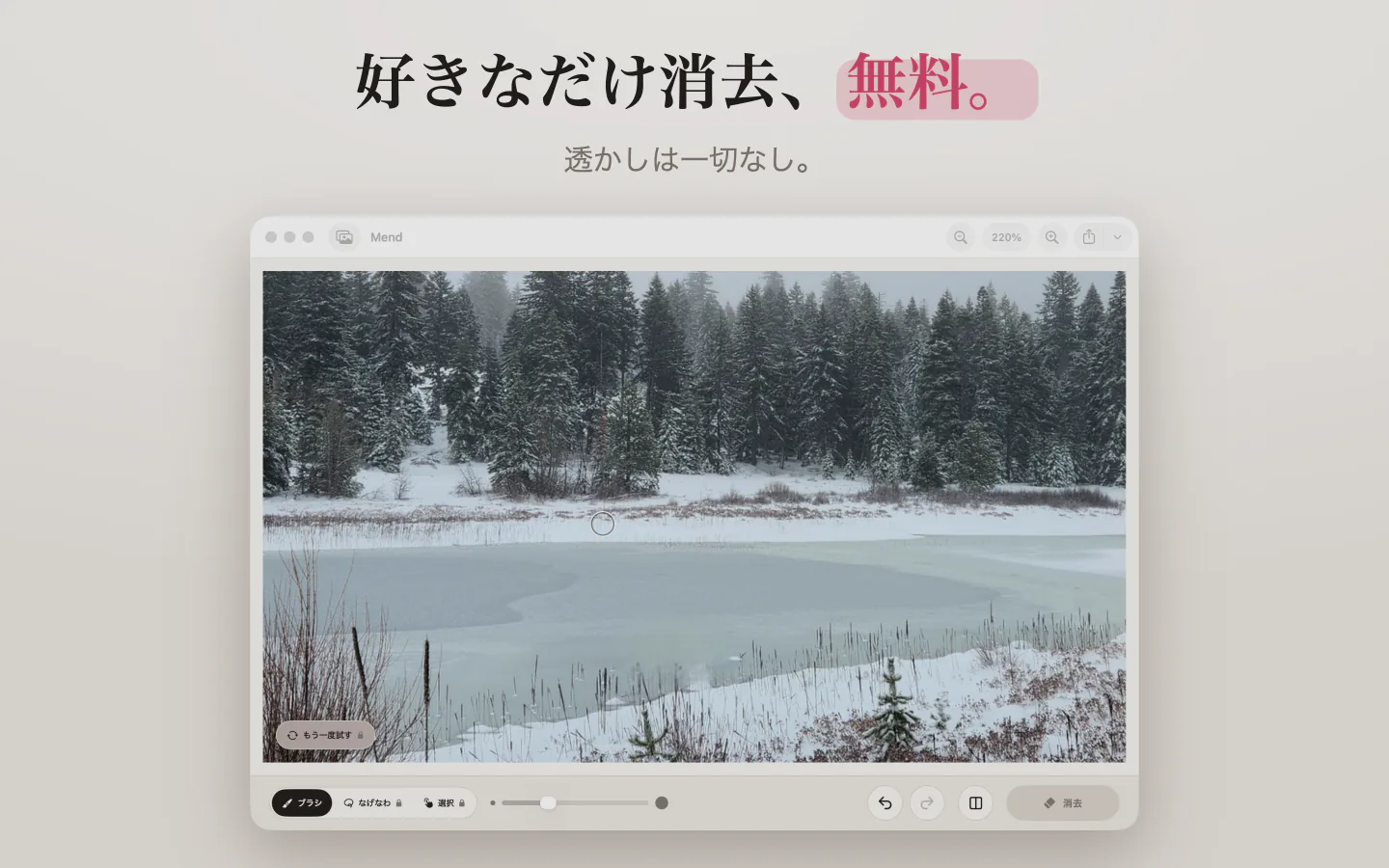 MacのMend：雪の湖の写真。仕上がりに透かしは入りません