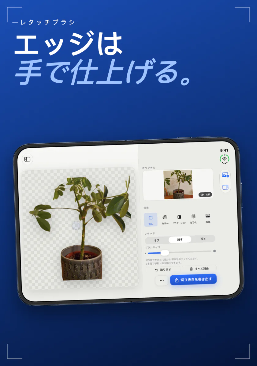 iPhoneのSweepのレタッチブラシで、消すと戻すのモードを使って鉢植えの輪郭を整えている画面
