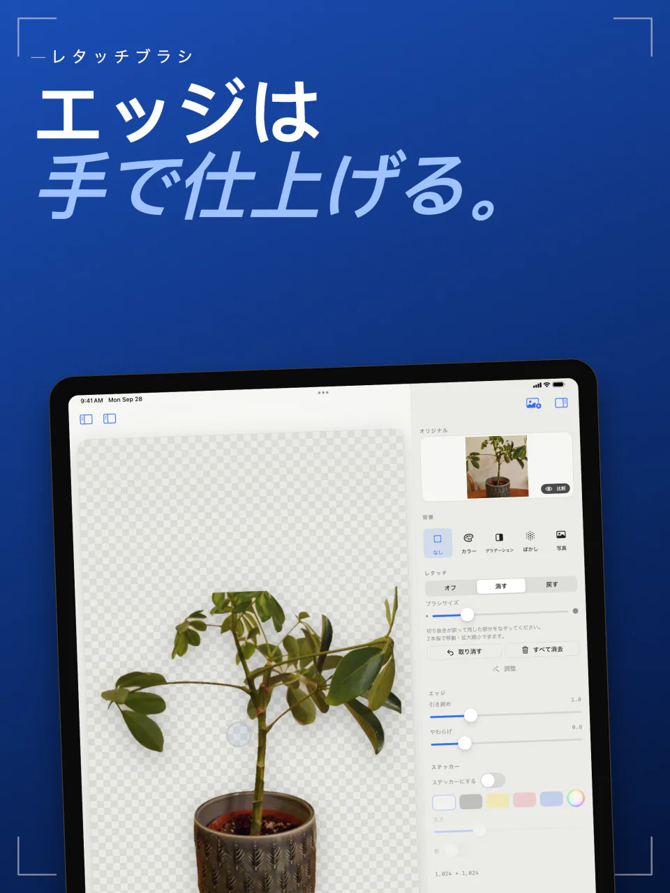 iPadのSweepのレタッチブラシで、消すと戻すのモードを使って鉢植えの輪郭を整えている画面