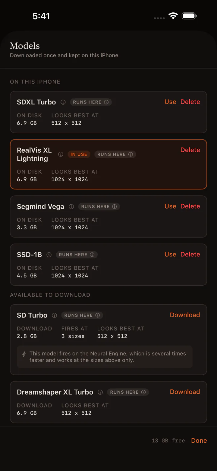 Kiln iPhone on-device model manager with SDXL Turbo and RealVis XL