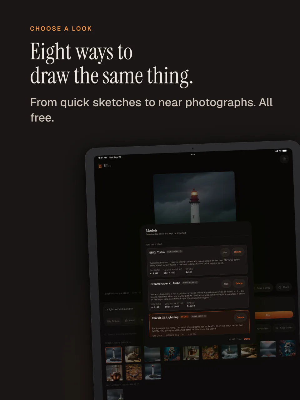 The Kiln model list on iPad with eight free models