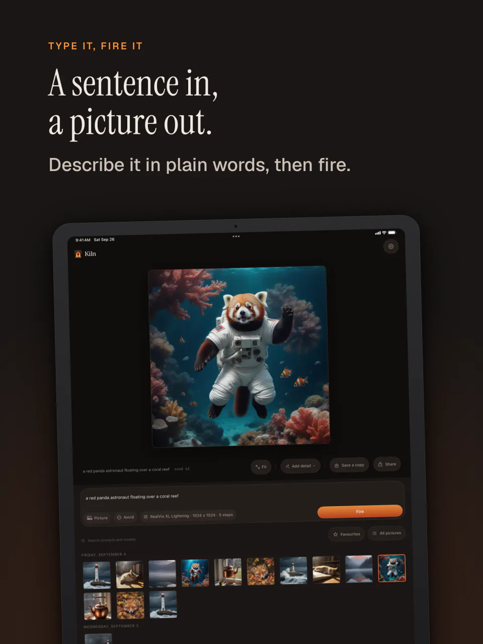 Kiln on iPad: a sentence in, a picture out, here a red panda astronaut
