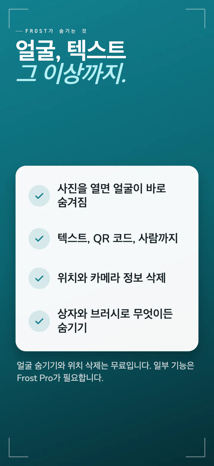 Frost가 숨기는 것: 열 때 바로 숨겨지는 얼굴, 텍스트, QR 코드와 사람, 위치와 카메라 정보, 그 밖의 것을 위한 상자와 브러시