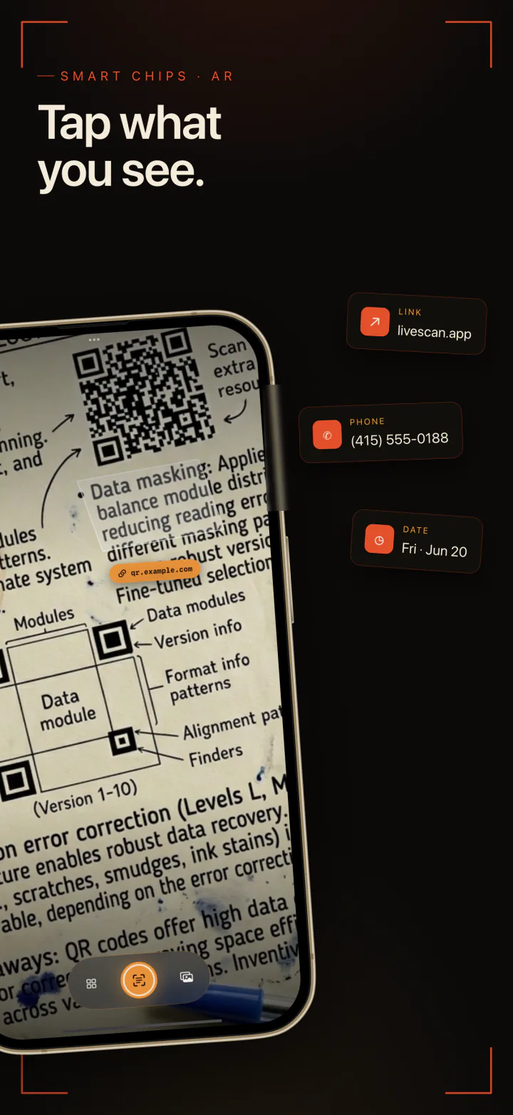 LiveScan reading a QR code and a printed page, with buttons for a link, a phone number, and a date