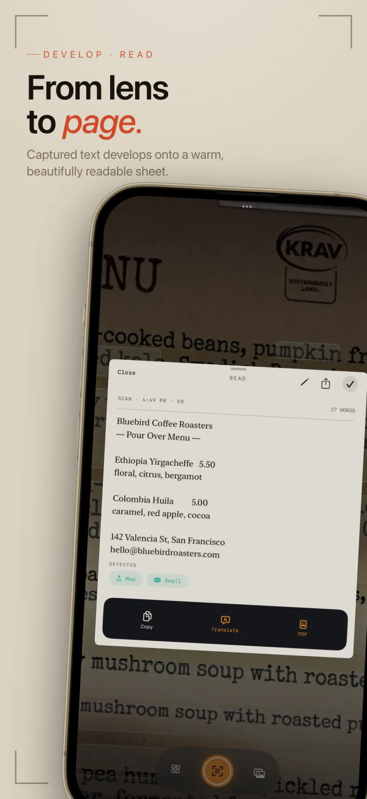Text captured from a menu shown on LiveScan’s warm reading sheet, with Copy, Translate, and PDF buttons
