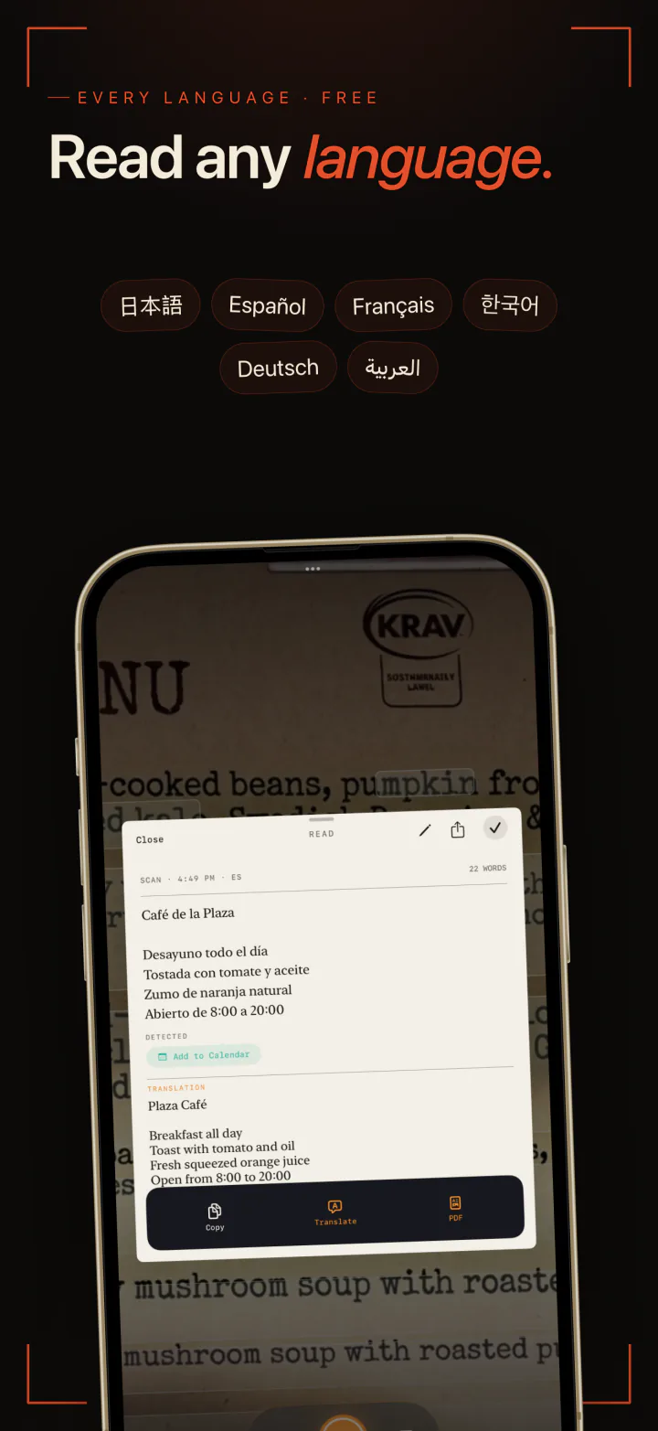 LiveScan reading a Spanish café menu, with Japanese, Spanish, French, Korean, German, and Arabic among its languages
