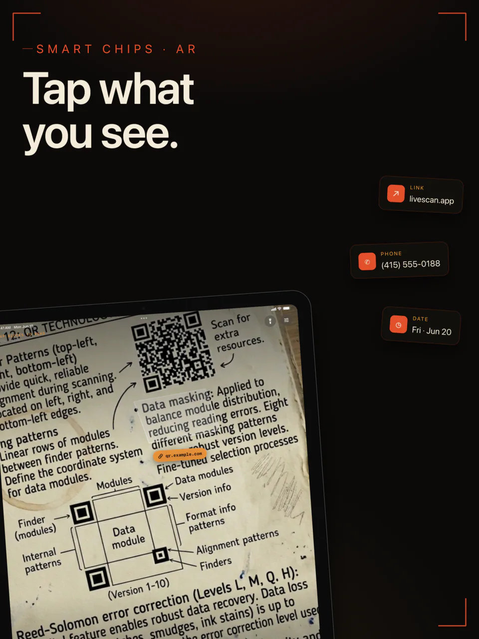 LiveScan on iPad reading a QR code and a printed page, with buttons for a link, a phone number, and a date