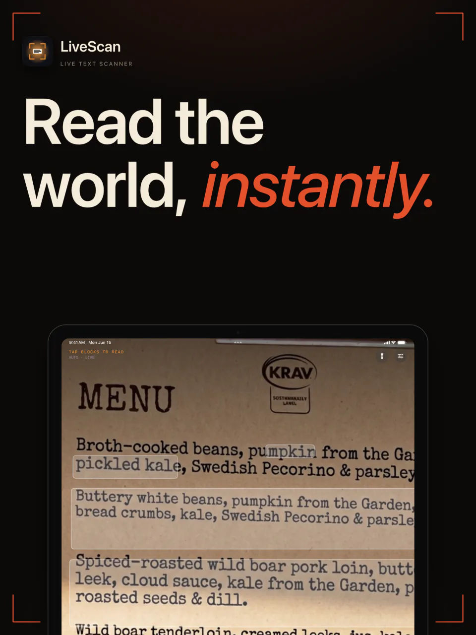 LiveScan on iPad reading the text of a printed restaurant menu in the live viewfinder